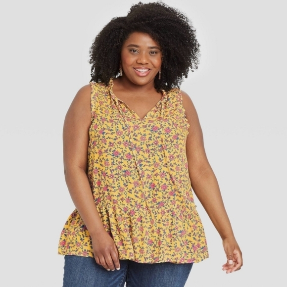 Knox Rose Yellow Floral Peplum Tie Sleeveless Top Size 1X - Picture 1 of 15